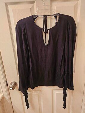 NWT PPLA Clothing Small Black Blouse w / Curly Sleeve Detail